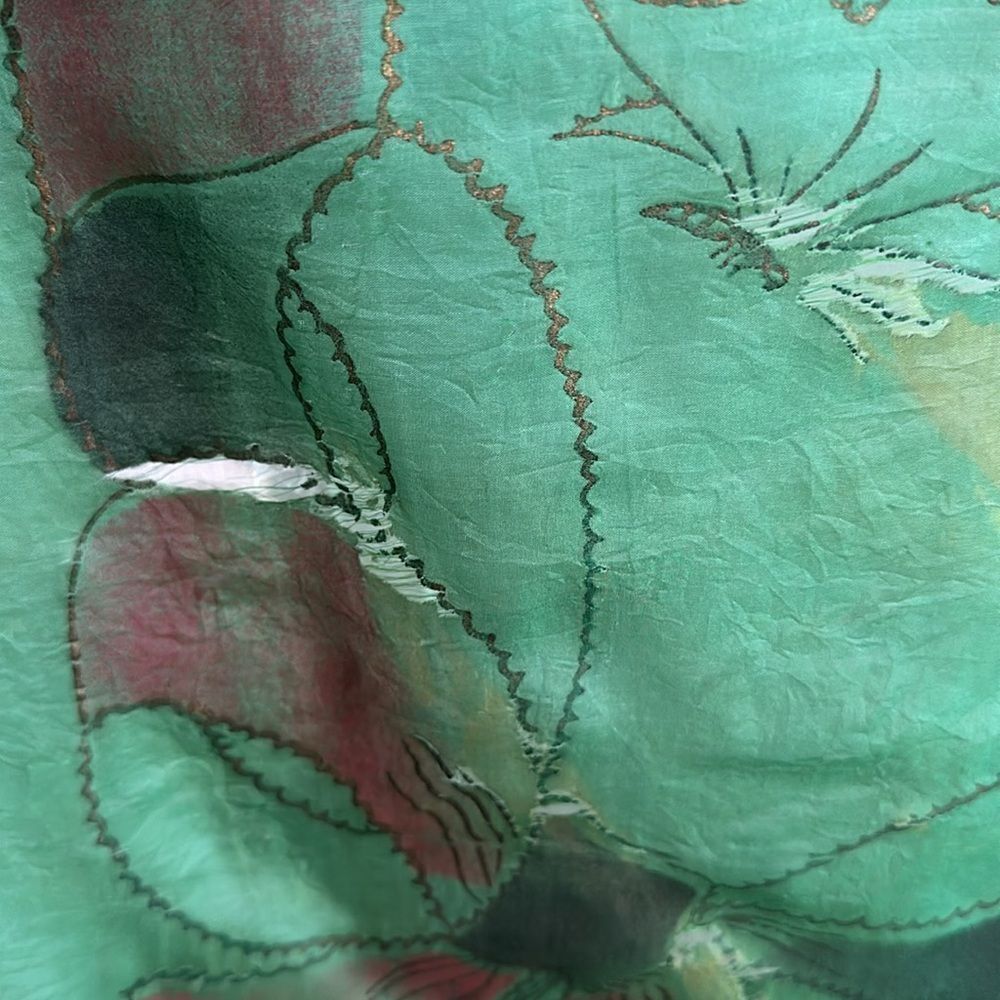 Vtg Brico 5 1/2 Momme green silk artsilk scarf painted with butterflies- AS IS - Picture 10 of 11